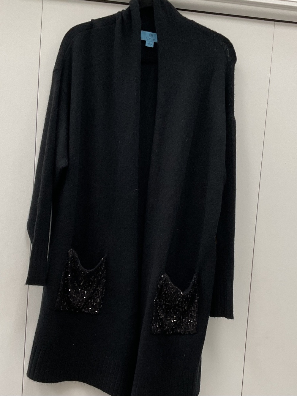 CeCe Black Open-Front Long Cardigan with Sequin Pockets